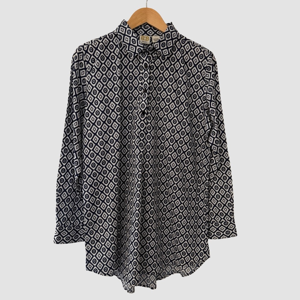 Boo Gemes Navy/White Print Long Sleeve Cotton Shirt Tunic L ($138)